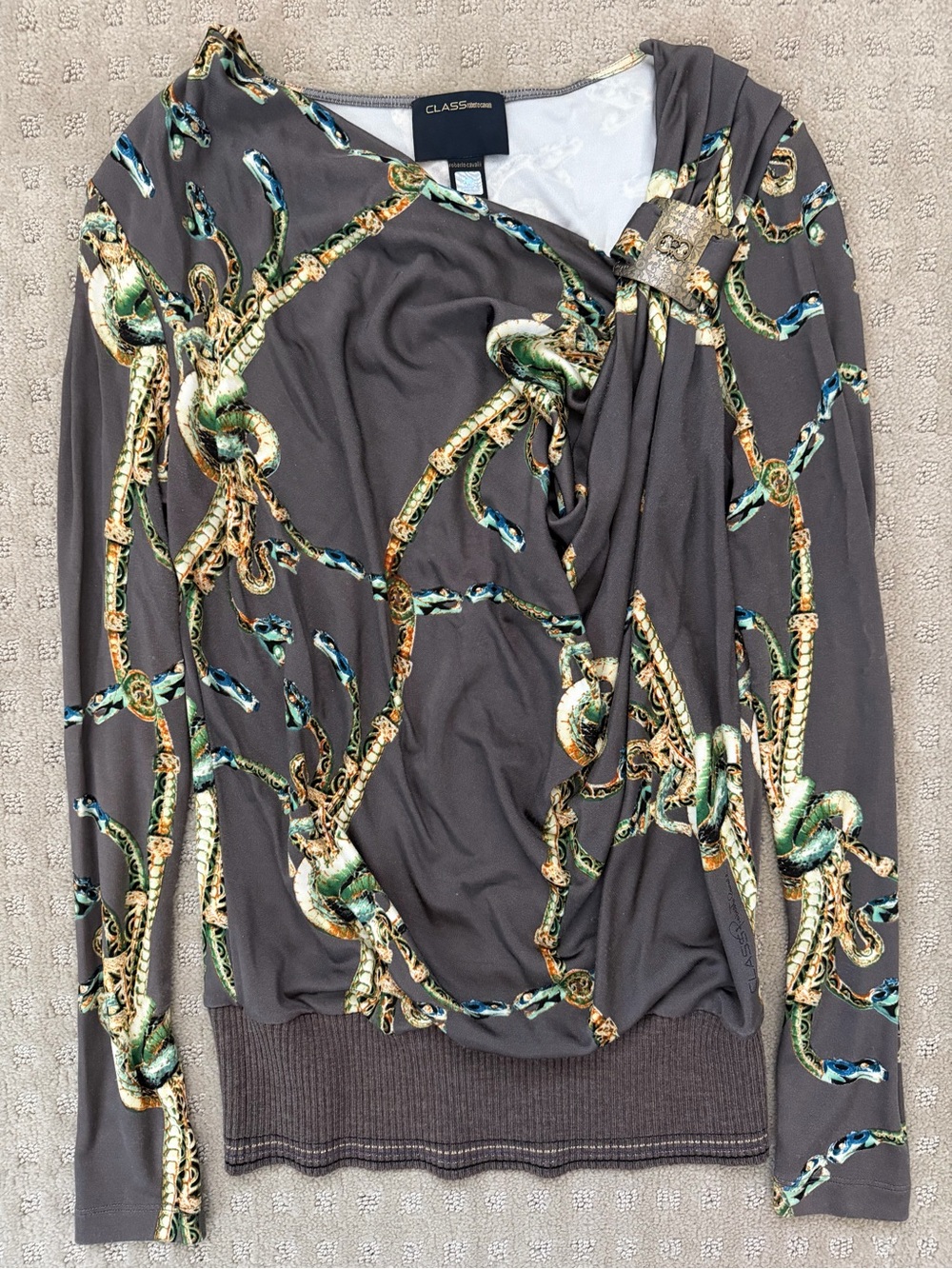 Italian designer Roberto Cavalli Gray Chain-Print Long Sleeve Drape Top